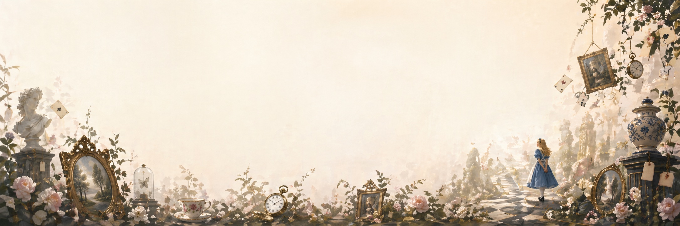 Panoramic watercolor from the Curator brand exploration, Alice walking a checkerboard path through a wonderland of framed pictures, pocket watches, teacups, and roses