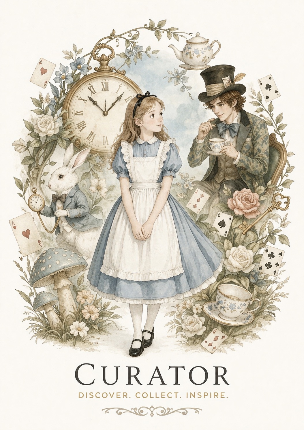 Curator launch poster in watercolor, Alice, the White Rabbit, and the Hatter among clocks, cards, and roses, with the tagline Discover. Collect. Inspire.