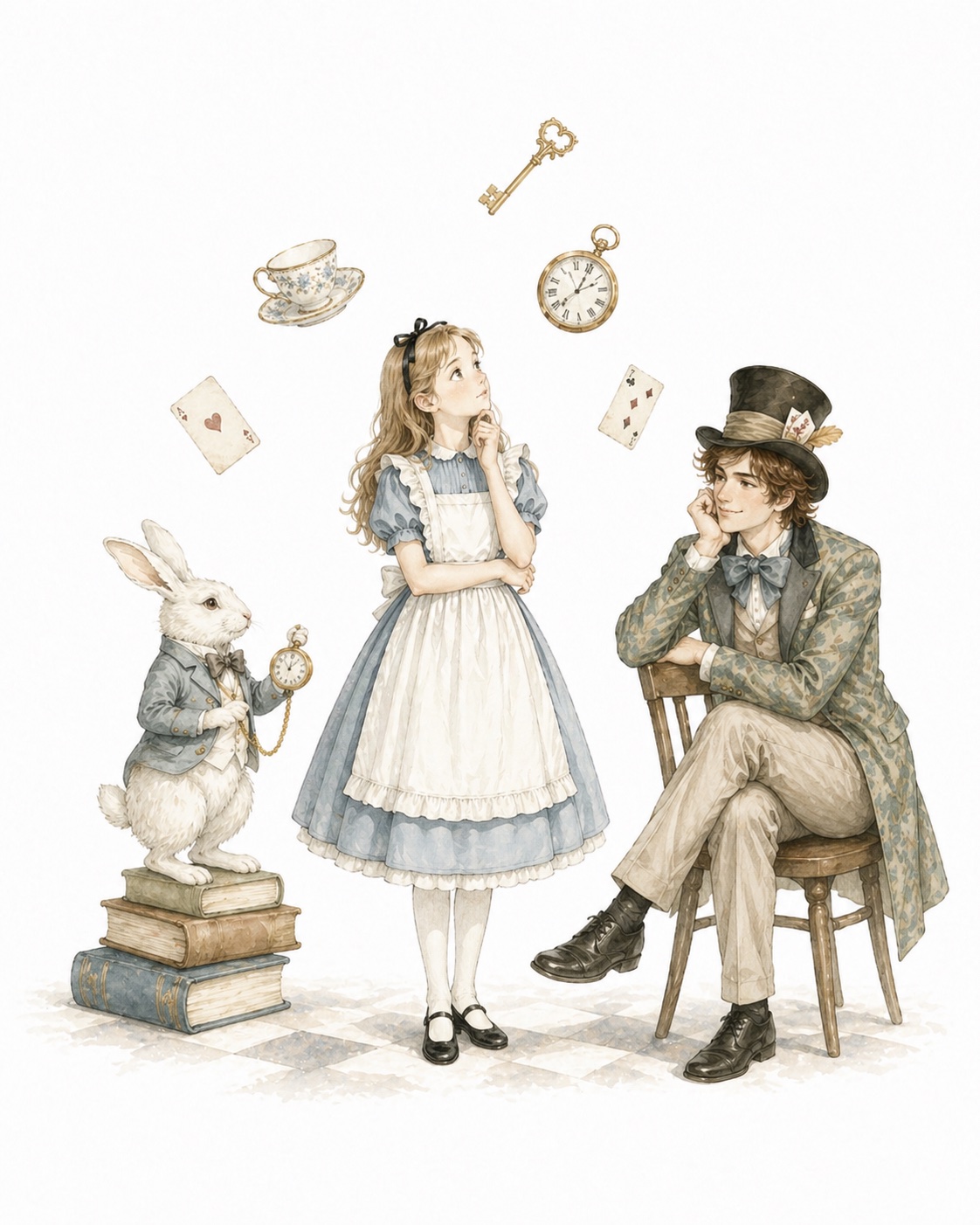 Watercolor character study, Alice deliberating beside the White Rabbit perched on a stack of books and the Hatter seated with a pocket watch