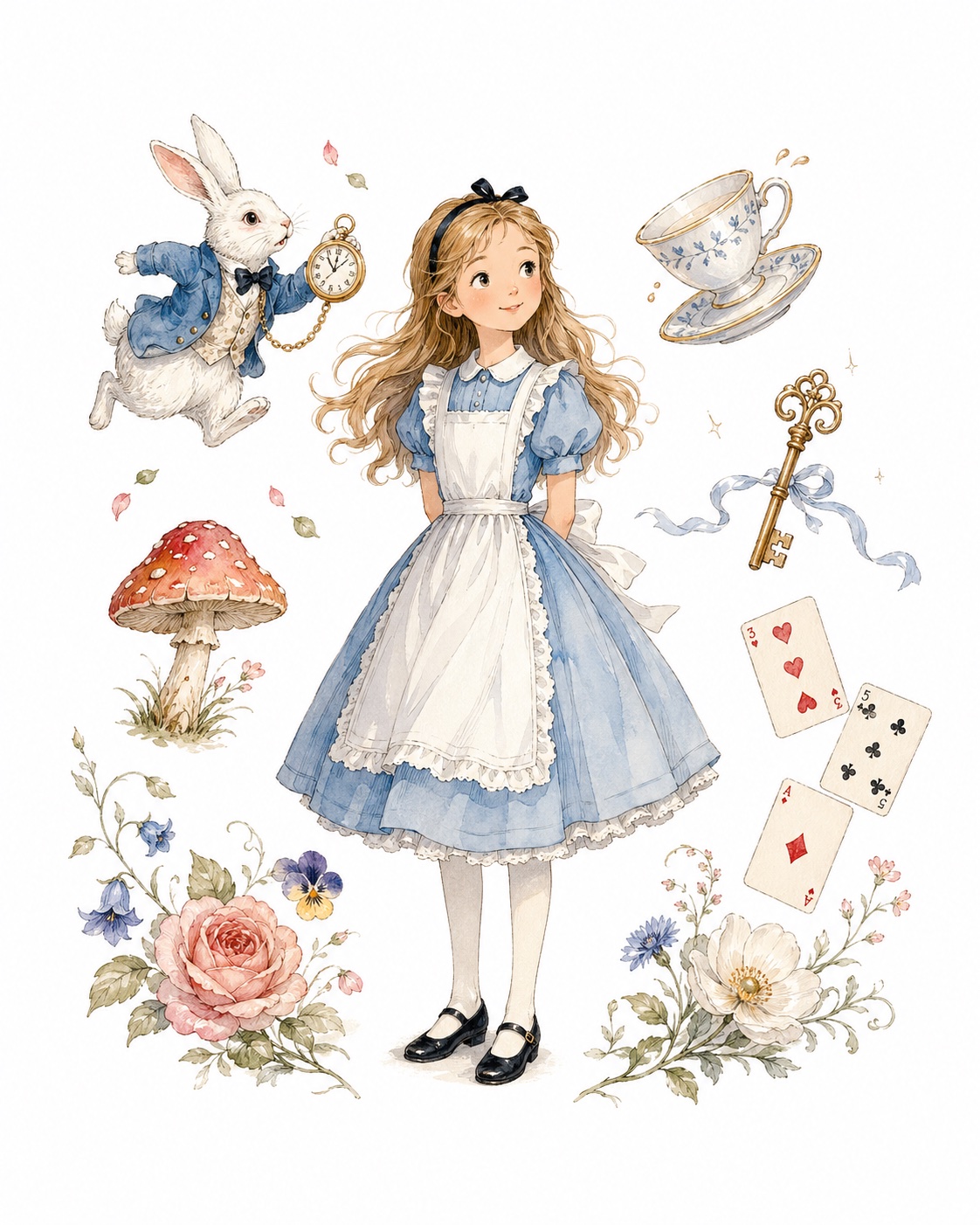 Watercolor motif sheet, Alice surrounded by the objects of a collection: pocket watch, teacup, brass key, playing cards, mushrooms, and roses
