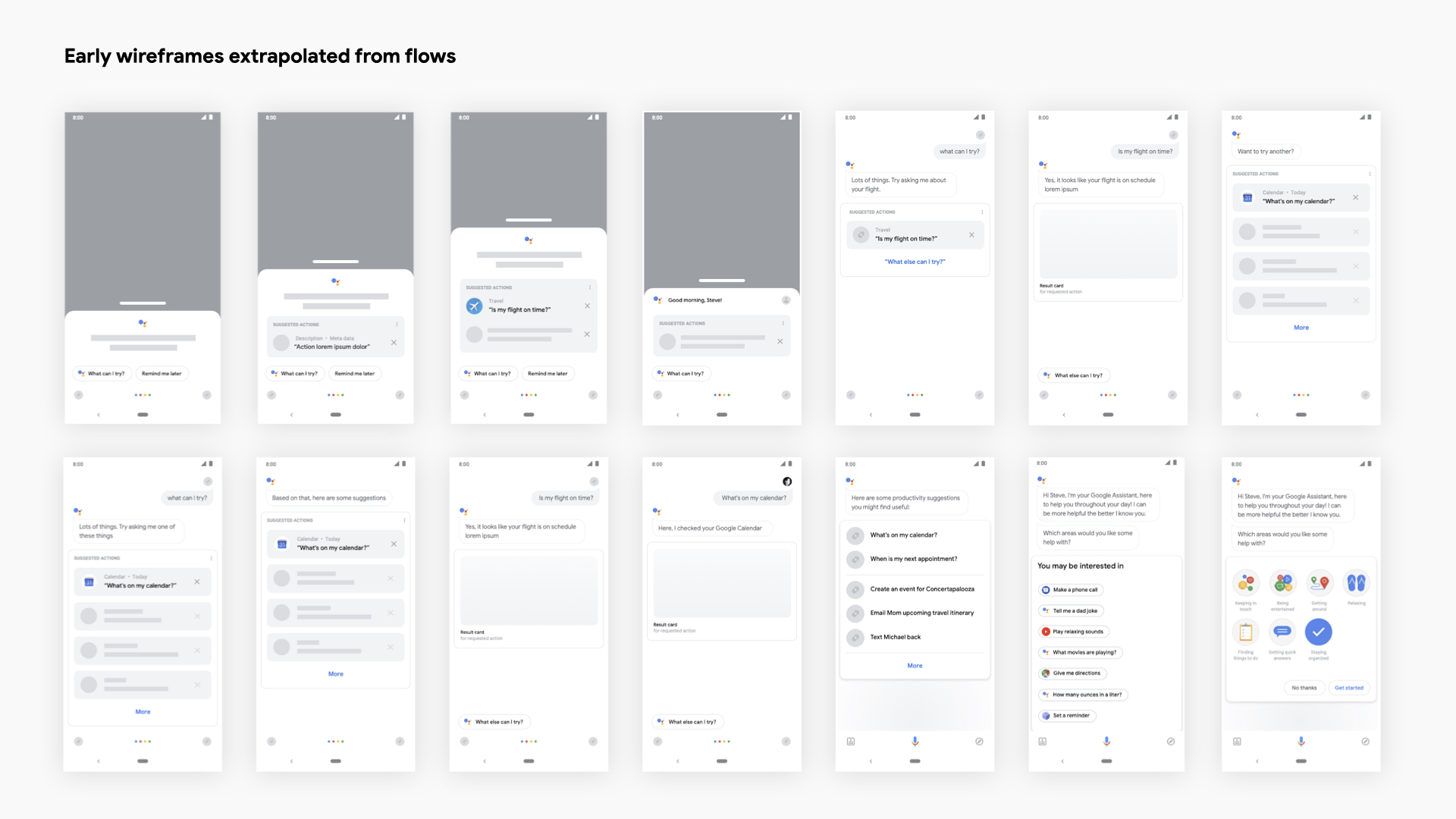 Early wireframes extrapolated from the input flows, two rows of Android screens moving from a suggestion prompt through results to a list of follow-up actions