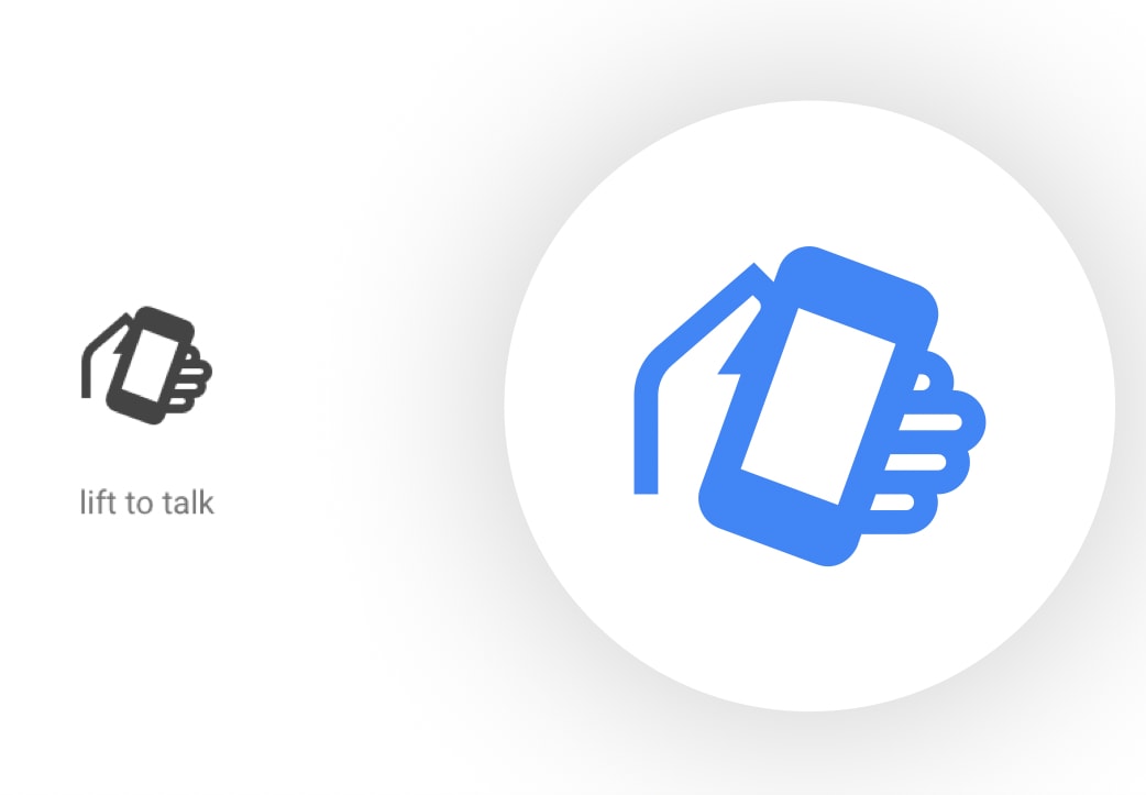 The 'lift to talk' icon in Google's Material icon library, a hand raising a phone, shown both as a small library glyph and as a large blue rendering