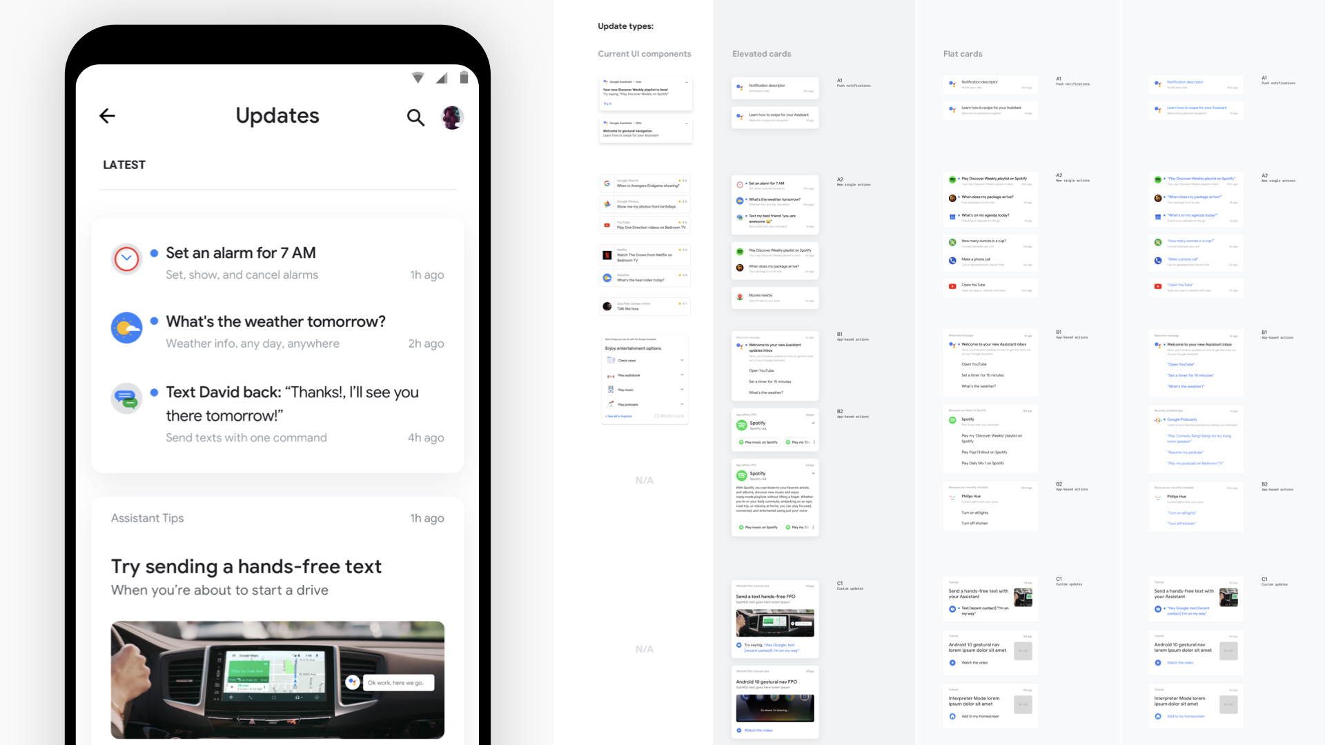 Google Assistant Updates screen beside its component matrix, showing current UI components next to elevated and flat card treatments for notifications, single actions, and app-based actions