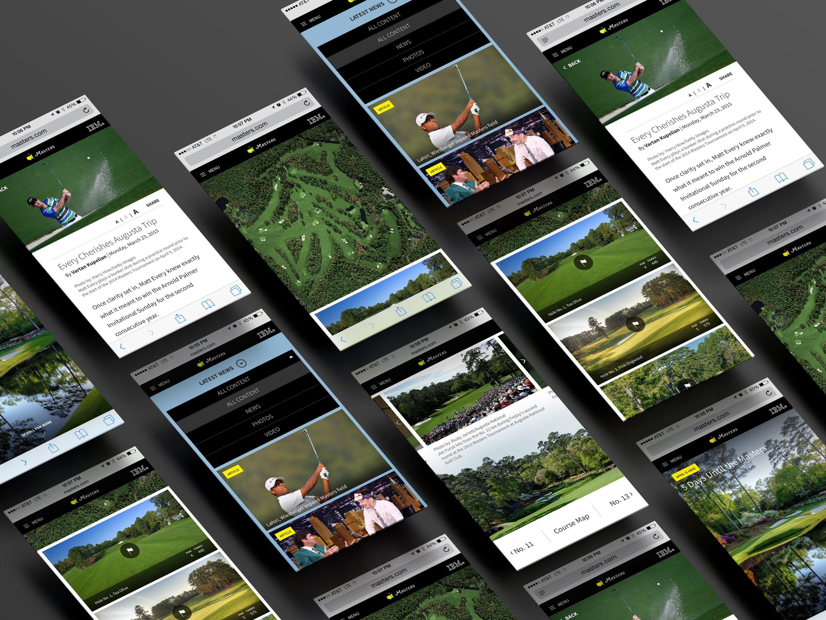 The Masters iOS app across roughly ten iPhone screens laid out in a tilted grid, showing the article reader, the latest-news menu, hole-by-hole course maps, and live video coverage