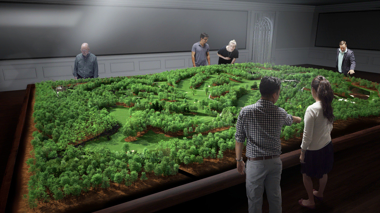 Masters Lab concept animation, cycling through a gallery room built around a physical scale model of Augusta National: guests walking the model, a wall-sized leaderboard a guest operates by gesture, shot tracers labelled for Phil Mickelson and Jordan Spieth on hole 13, and a timeline of the shot heard around the world running 1935 to 2012