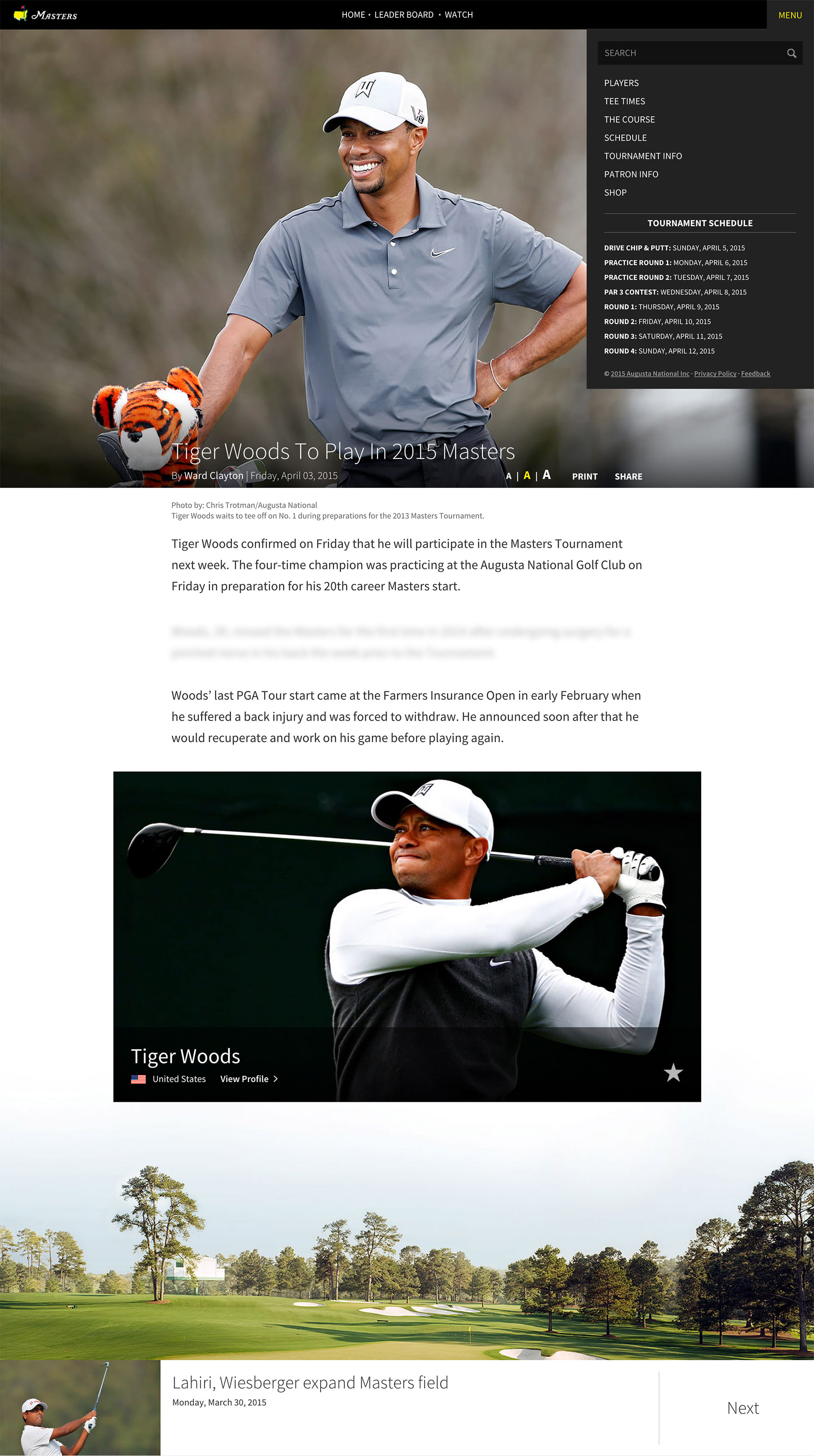 Masters mobile article view, editorial content optimized for mobile reading
