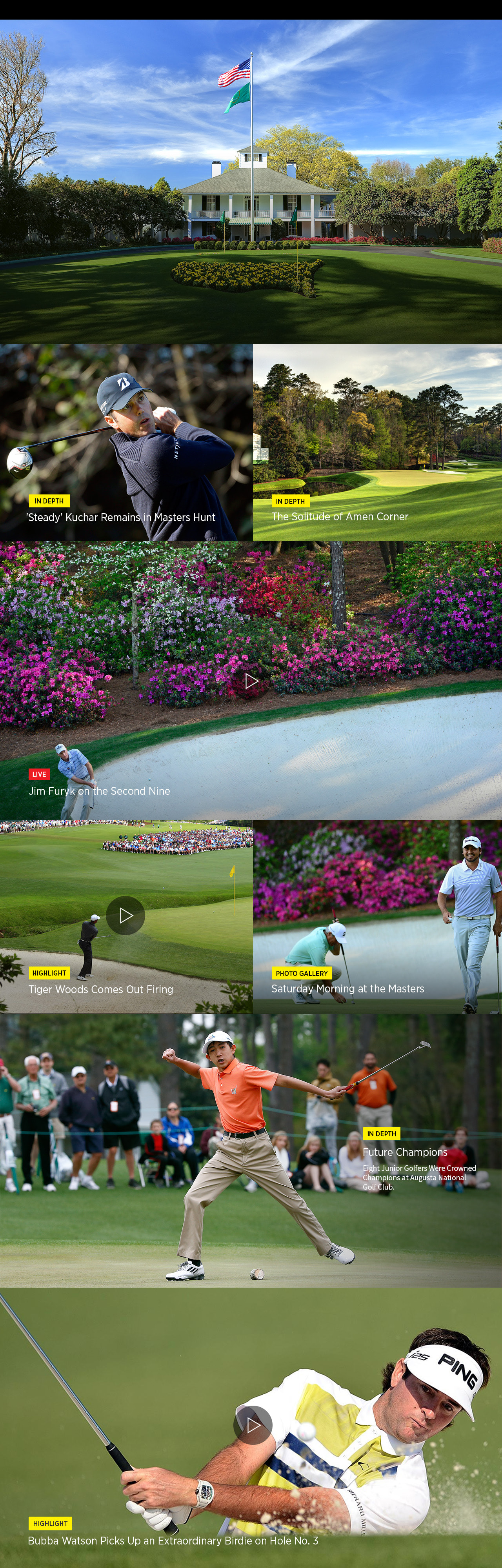 Masters Now, real-time tournament experience at 1280px showing live content, player updates, and editorial features